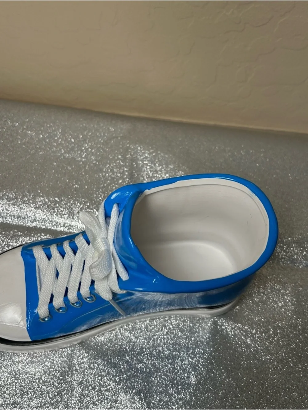 Decor! Ceramic Blue High-Top Sneaker w/ White Laces decoration vase fun room EUC - Picture 2 of 8
